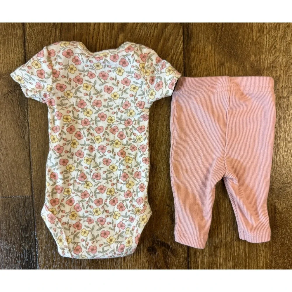 Carters Baby Outfit Girl Preemie Floral Short Sleeved Bodysuit Pink Ribbed Pants